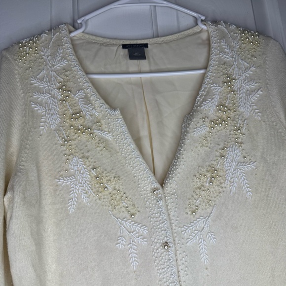 Ann Taylor Cream Button Down Cardigan Wool Cashmere Pearl Holiday Beaded Silk - Picture 3 of 6